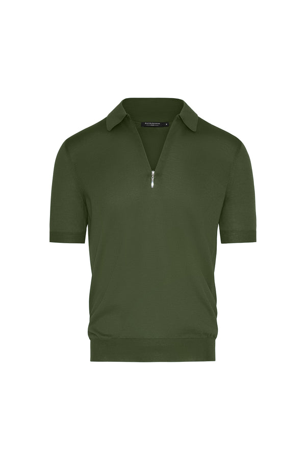 Silk Cotton Blend Knit Zip Front Polo in Avocado Sweater David August, Inc.   