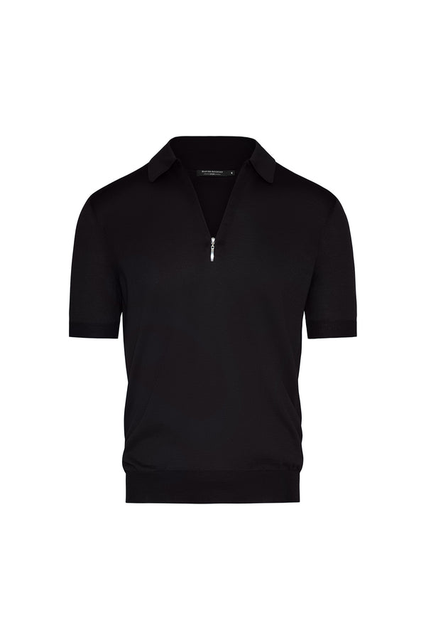 Silk Cotton Blend Knit Zip Front Polo in Midnight Sweater David August, Inc.   