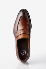 David August Leather Cross Stitched Penny Loafers in Whiskey Brown Shoes David August, Inc.   