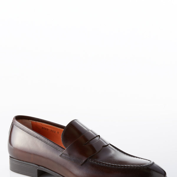 Santoni Gavin Leather Penny Loafer in Dark Brown David August Inc