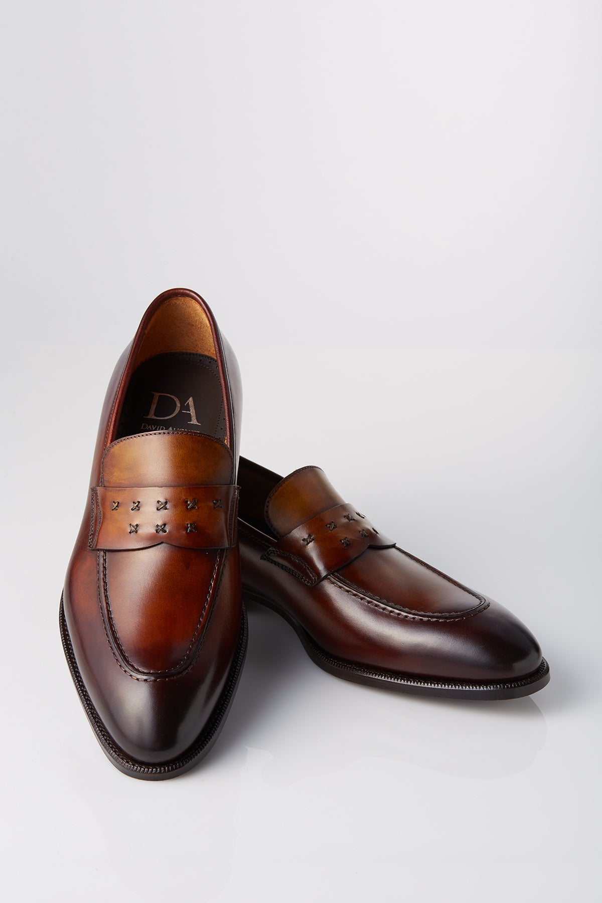 David August Leather Cross Stitched Penny Loafers in Whiskey Brown – David  August, Inc