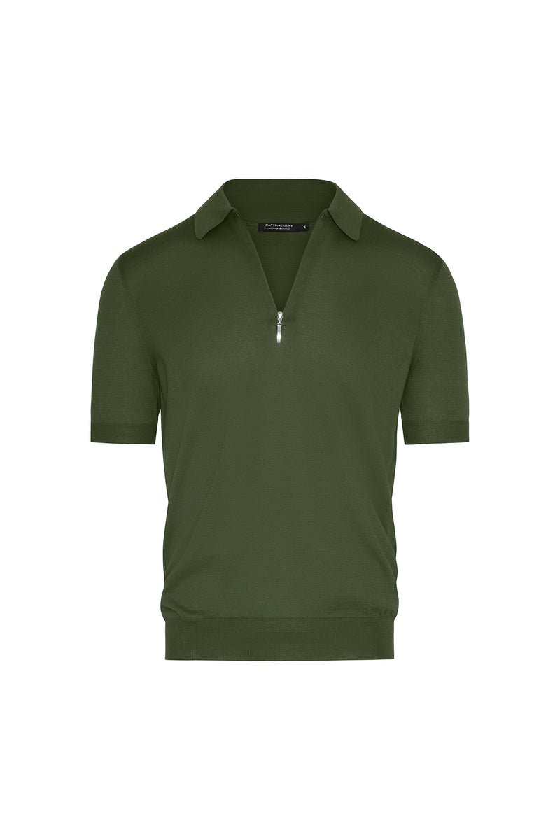 Silk Cotton Blend Knit Zip Front Polo in Avocado – David August,