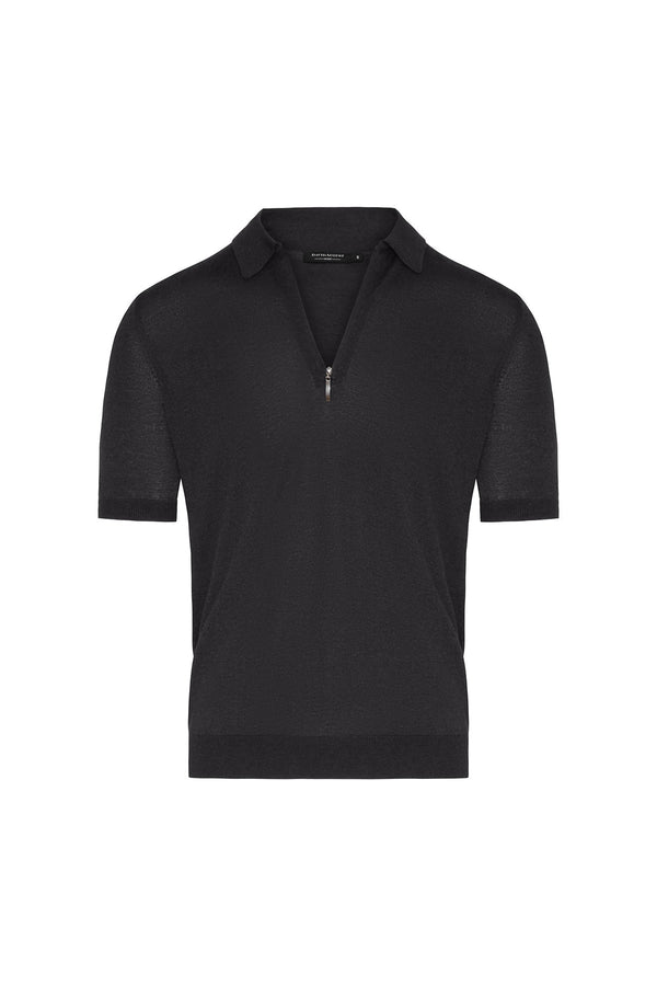 Silk Cotton Blend Knit Zip Polo in Charcoal Sweater David August, Inc.   