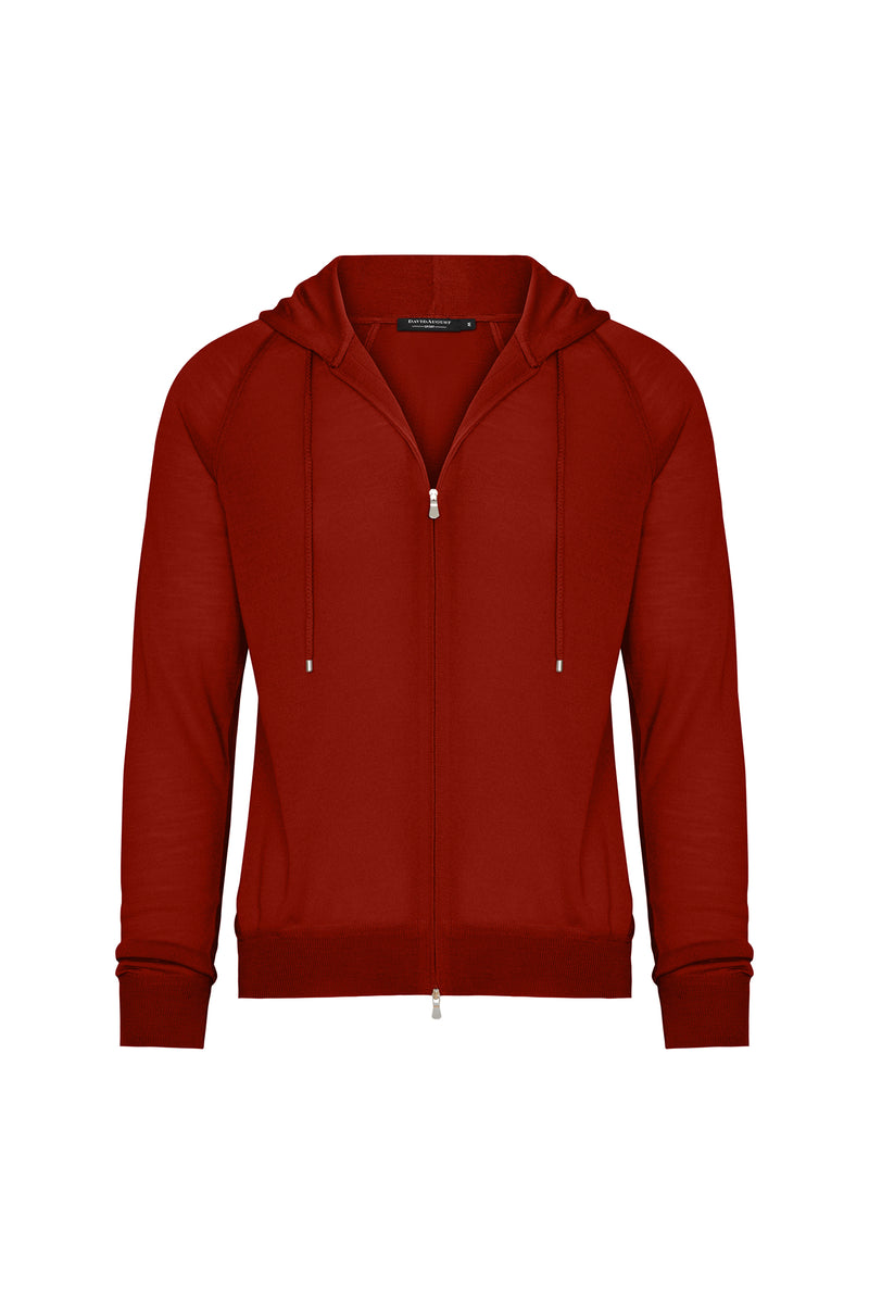 Wool Traveler Knit Zip-Front Hooded Sweater in Burnt Orange
