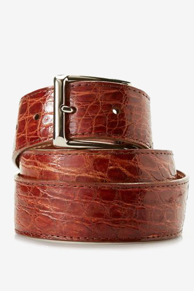 Cognac Glossy Crocodile Skin Leather Belt Belts David August, Inc.   
