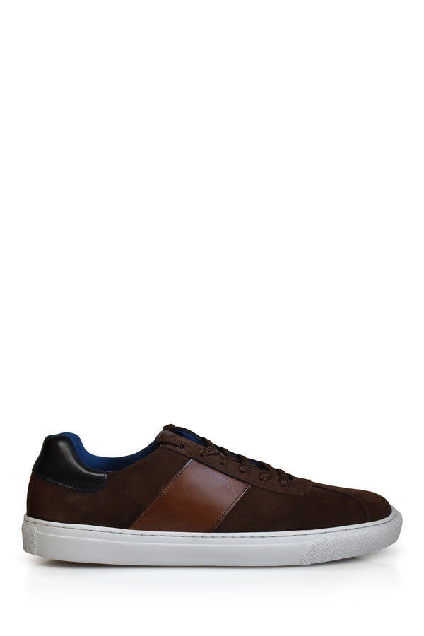 Low top leather sneaker in Brown Suede with contrast Brown & Black Leather Shoes David August, Inc.   