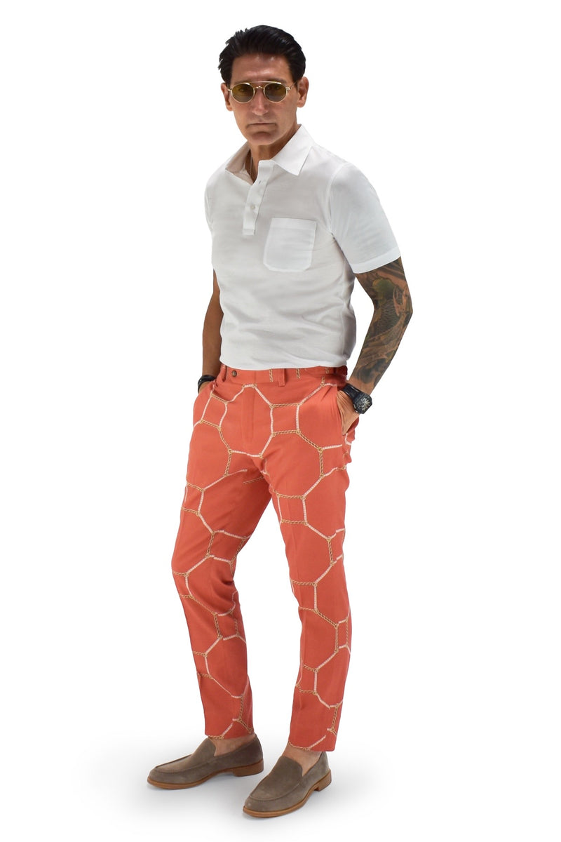 David August Slim Fit Tapered Coral with Octagon Rope and Chain Design Cotton Trousers - Cut-to-Order Pants David August, Inc.   