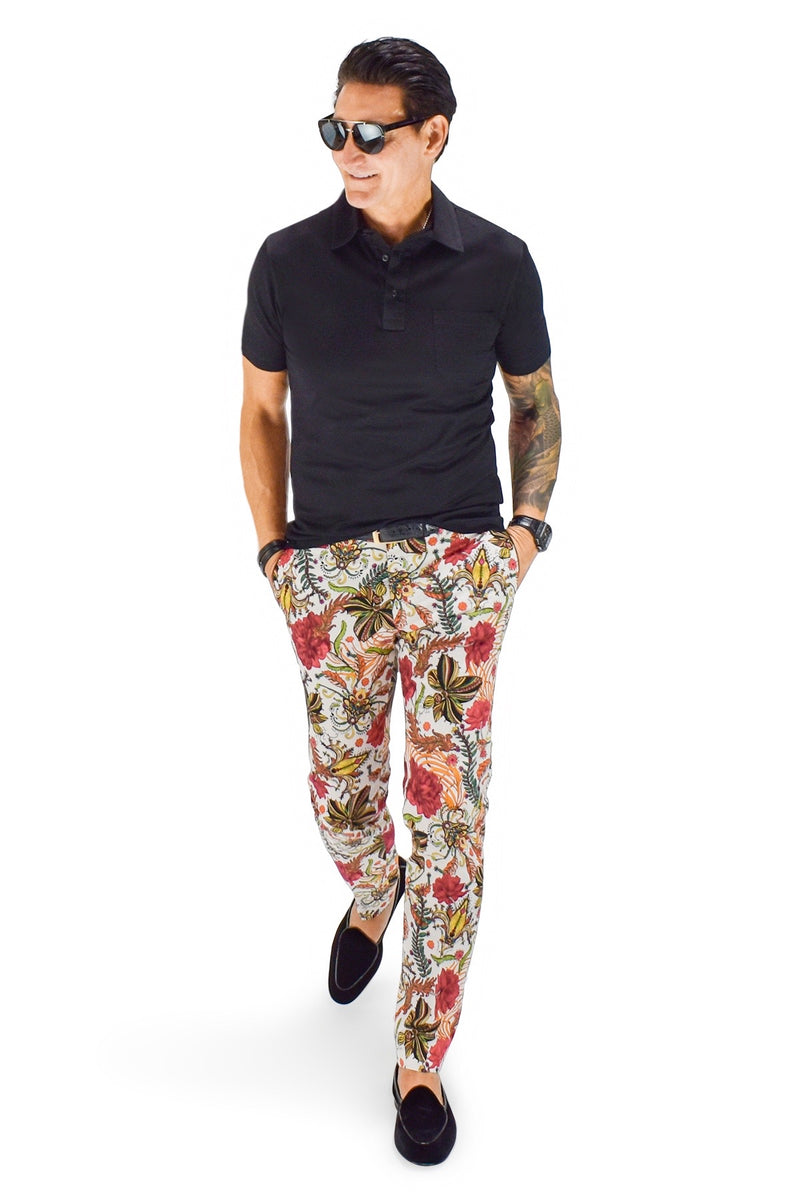 David August Slim Fit Tapered White with Red Black & Gold Floral Print Cotton Trousers - Cut-to-Order Pants David August, Inc.   
