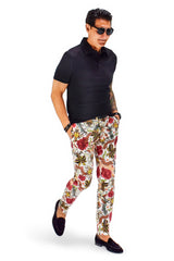 David August Slim Fit Tapered White with Red Black & Gold Floral Print Cotton Trousers - Cut-to-Order Pants David August, Inc.   