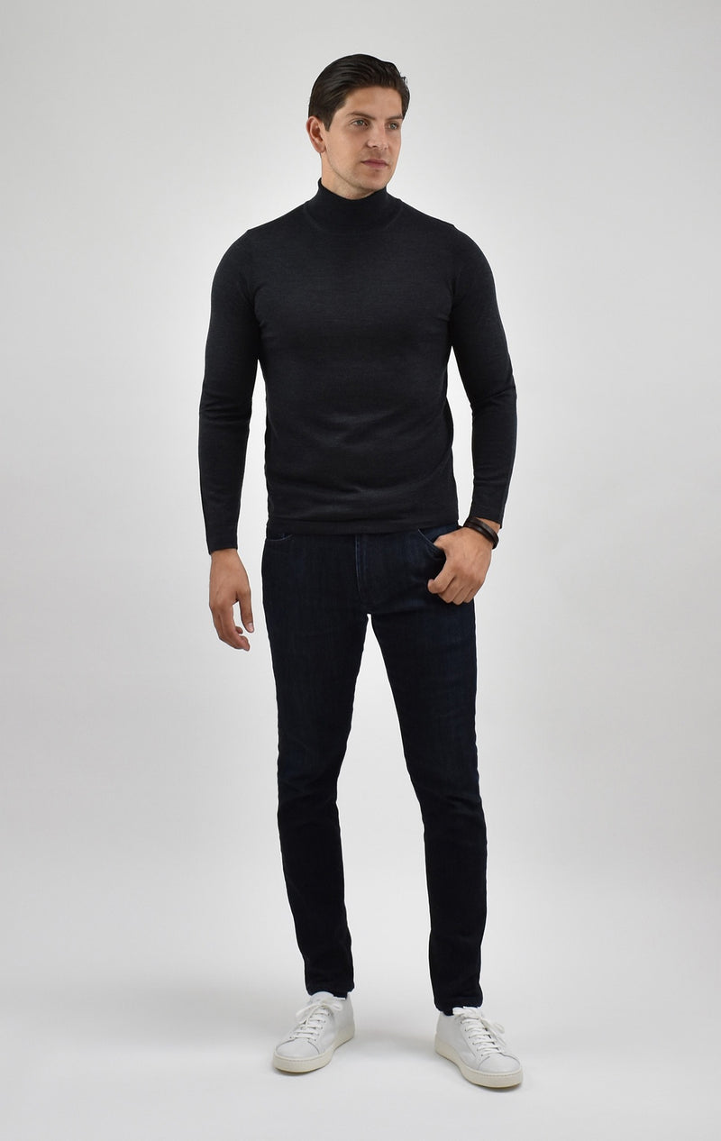 Extra Fine Merino Wool Turtle Neck Sweater in Grey Shadow Melange Knitwear David August, Inc.   