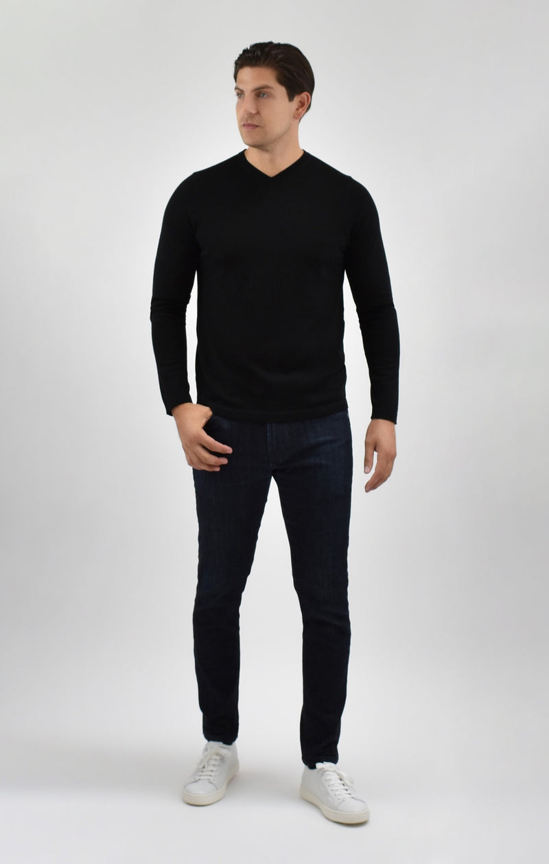Fine Merino Wool V-Neck Sweater in Jet Black Knitwear David August, Inc.   