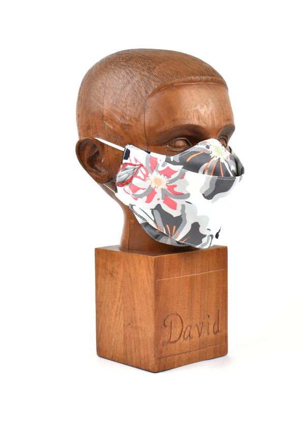 Premium White with Grey & Coral Floral Flat Front Cloth Face Mask - FM49 Face Mask David August, Inc.   