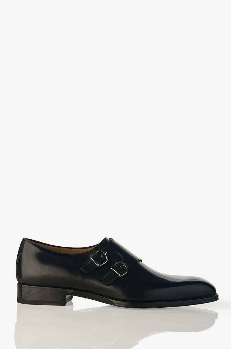 double monk strap leather dress shoes Francis - Black Calf