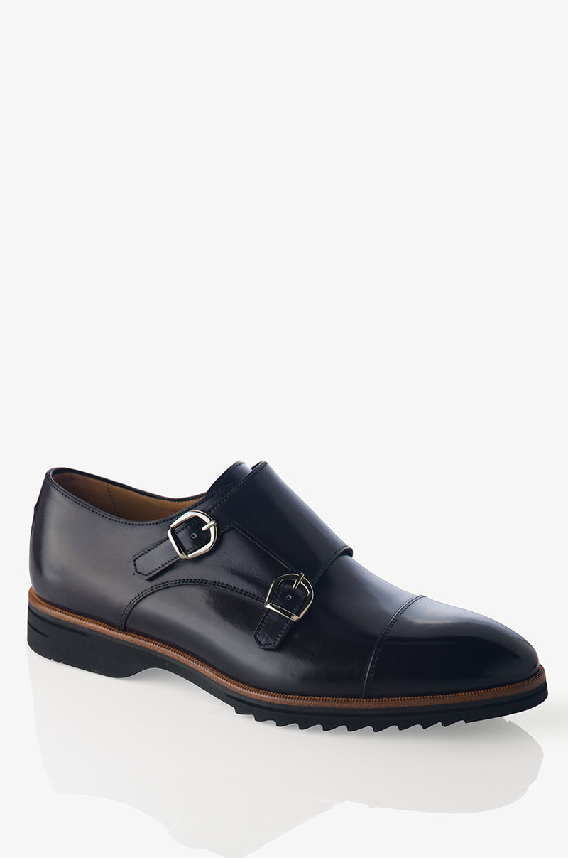 David August Leather Double Buckle Monk-Strap Shoes in Dark Black Nero Fondente Shoes David August, Inc.   